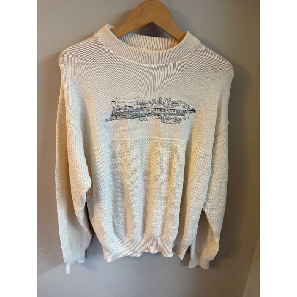 Winona Vintage Mens Large Cream Knit Train Steam Engine Sweater USA Cotton